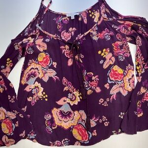 Women’s Cold Shoulder Top, M, Maroon/Pink, Boho/Casual by Patrons of Peace